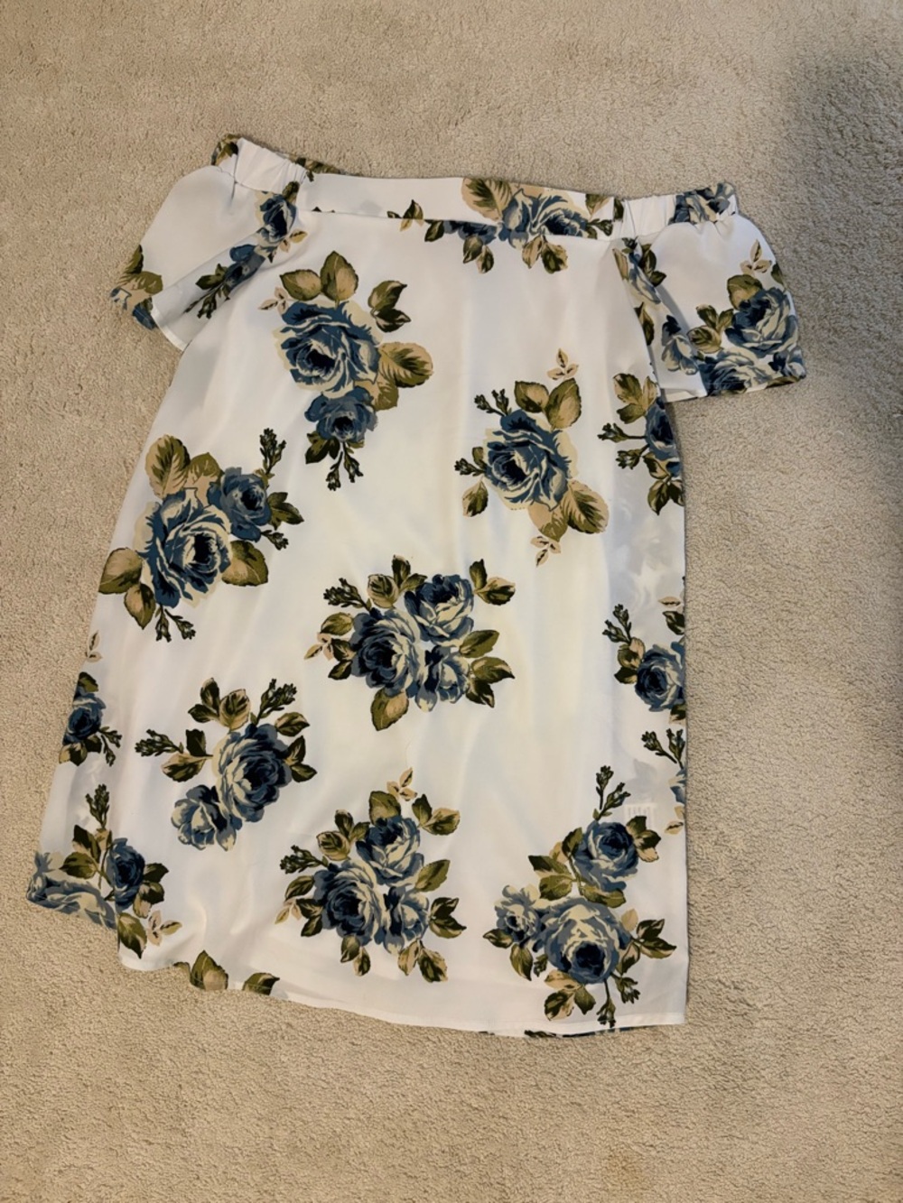 White Off-Shoulder Dress with Blue & Olive Floral Print